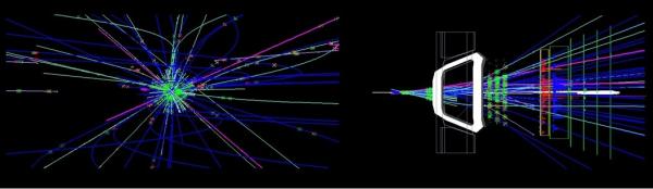 Pierwszy rozpad mezonu pięknego zarejestrowany w LHCb. W lewym górnym rogu widok wzdłuż wiązek na punkt zderzenia, w prawym górnym - punkt zderzenia po lewej, widać biały zarys magnesów i kolejne warstwy detektorów. Źródło: CERN, IPJ