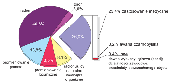 Udział różnych źródeł promieniowania jonizującego w średniej rocznej dawce skutecznej (3,35 mSv) otrzymanej przez statystycznego mieszkańca Polski