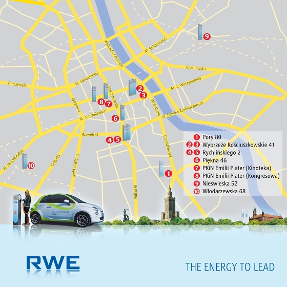 Mapa lokalizacji stacji ladowania RWE w Warszawie