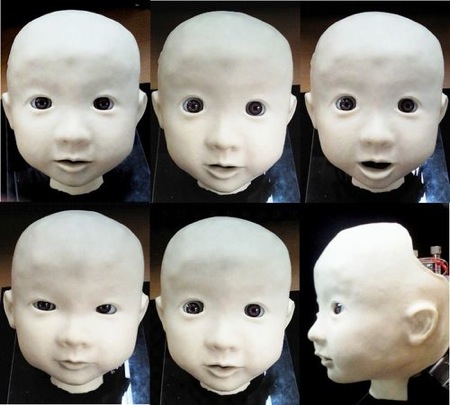 niektóre wyrazy twarzy robota Affetto, które wykonuje on podczas wyrażania emocji