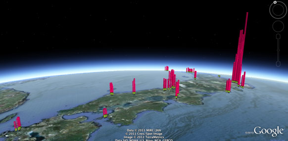 Zdjęcie pokazuje szerszy obraz poziomu promieniowania w Japonii na podstawie danych z liczników Geigera używane przez ludność cywilną.