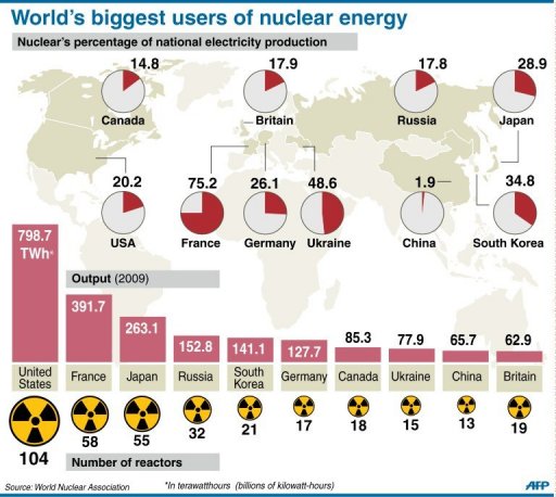 Graficzna ilustracja krajów oraz udziału elektrowni atomowych w zaspokajaniu całkowitego zapotrzebowania energetycznego krajów
