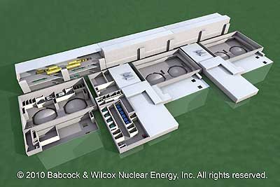 Koncepcyjny rysunek 6 reaktorów B&W mPower tworzących elektrownię jądrową o mocy 750 MW.