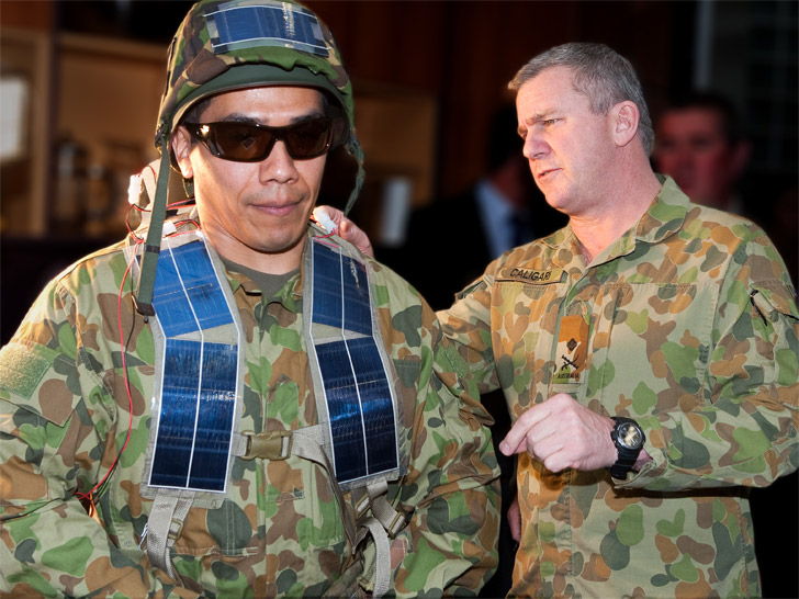 Panele, przymocowane do hełmów, mundurów, broni czy namiotów, mogą generować energię potrzebną do zasilania takich urządzeń jak radia, latarki czy systemy namierzania. żołnierz zasilany energią słoneczną