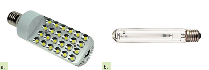 Fot. 2. Źródło LED (a) „zamiennik” źródła wyładowczego (b) Fot. 2. Źródło LED (a) „zamiennik” źródła wyładowczego (b)