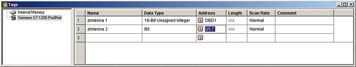 Aby skonfigurować listę zmiennych ręcznie, należy w oknie Menadżera projektu kliknąć dwukrotnie na obiekcie Tags dostępnym w drzewku projektu. Aby skonfigurować listę zmiennych ręcznie, należy w oknie Menadżera projektu kliknąć dwukrotnie na obiekcie Tags dostępnym w drzewku projektu.