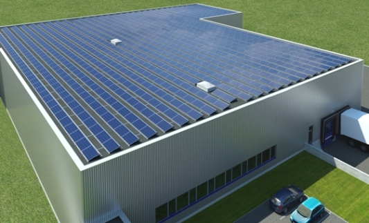 System montażu polikrystalicznych modułów fotowoltaicznych Schüco MSE 210 Aero na dachu hali magazynowej System montażu polikrystalicznych modułów fotowoltaicznych Schüco MSE 210 Aero na dachu hali magazynowej