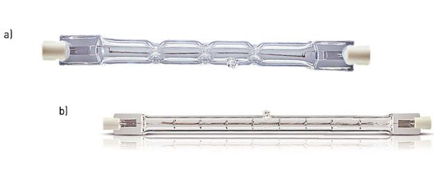 Halogeny liniowe z dwustronnym trzonkiem a) HALOLINE Eco (prod. OSRAM) b) Studio/Film (prod. Philips).