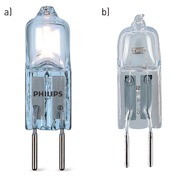 Niskonapięciowe źródła halogenowe bez reflektora: a) Philips Eco- Halo Caps 12 V, b) Halostar