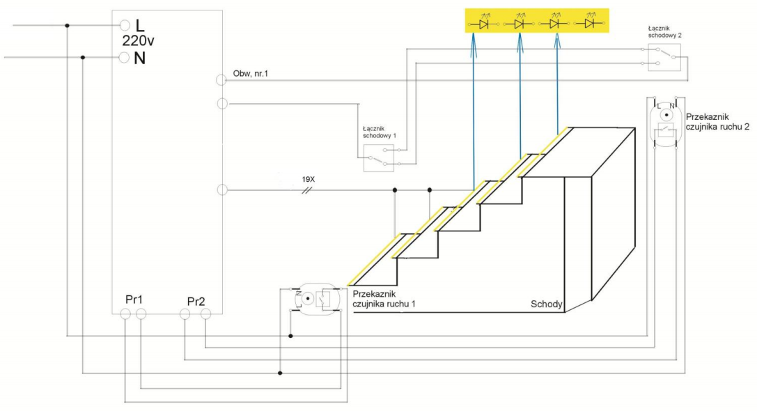 schemat instalacji elektrycznej inteligentnego oświetlenia schodów LED schemat instalacji elektrycznej inteligentnego oświetlenia schodów LED
