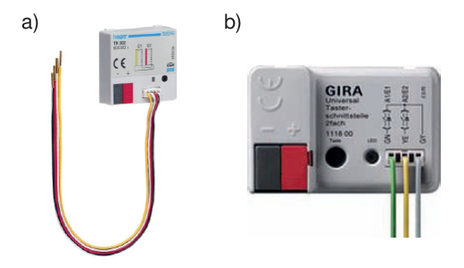 Rys. 2. Przykładowe wejścia binarne: a) wejście binarne bezpotencjałowe czterokrotne firmy Hager, b) wejście binarne bezpotencjałowe firmy Gira [3, 4]