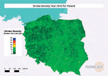 Roczna gęstość wyładowań piorunowych w Polsce w 2010 r. [2]