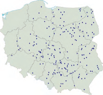 Rys. 5. Średniej wielkości pożary spowodowane przez wyładowania piorunowe w Polsce w ciągu całego 2010 r. [3]