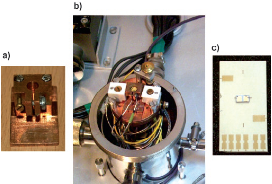 Rys. 3. Przykładowe rodzaje uchwytów instalowanych w głowicy kriostatu: a) uchwyt do mocowania fotodetektorów umieszczonych w standardowych obudowach TO -18, TO -39 i TO -46 (po zmianie górnej części uchwytu); b) głowica kriostatu azotowego z adapterem mocującym poziomo wymienne uchwyty; c) płytka drukowana na podłożu ceramicznym umożliwiająca mocowanie fotodetektorów nieobudowanych techniką lutowania lub termokompresji Rys. 3. Przykładowe rodzaje uchwytów instalowanych w głowicy kriostatu: a) uchwyt do mocowania fotodetektorów umieszczonych w standardowych obudowach TO -18, TO -39 i TO -46 (po zmianie górnej części uchwytu); b) głowica kriostatu azotowego z adapterem mocującym poziomo wymienne uchwyty; c) płytka drukowana na podłożu ceramicznym umożliwiająca mocowanie fotodetektorów nieobudowanych techniką lutowania lub termokompresji