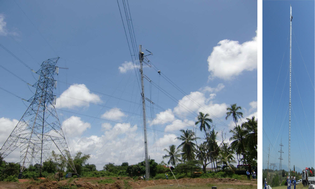 Jedno z zastosowań linii tymczasowej pozwalającej utrzymać zasilanie oraz przykład konstrukcji słupa (z prawej) o dużej wysokości, do 50 m