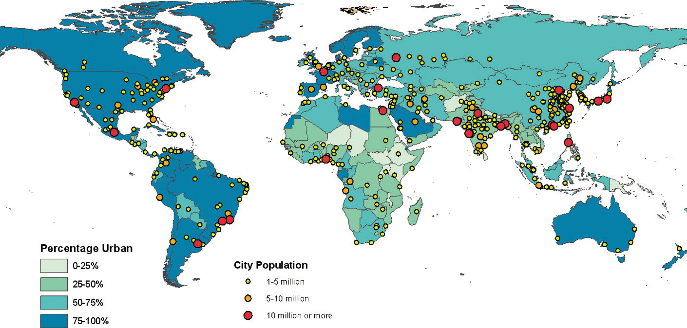 Stopień urbanizacji i wielkość zaludnienia w aglomeracjach, 2011 (Źródło: United Nations, 2012) Stopień urbanizacji i wielkość zaludnienia w aglomeracjach, 2011 (Źródło: United Nations, 2012)