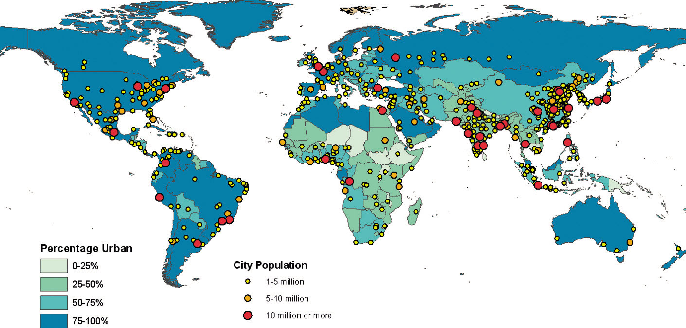 Stopień urbanizacji i wielkość zaludnienia w aglomeracjach, 2025 (Źródło: United Nations, 2012) Stopień urbanizacji i wielkość zaludnienia w aglomeracjach, 2025 (Źródło: United Nations, 2012)