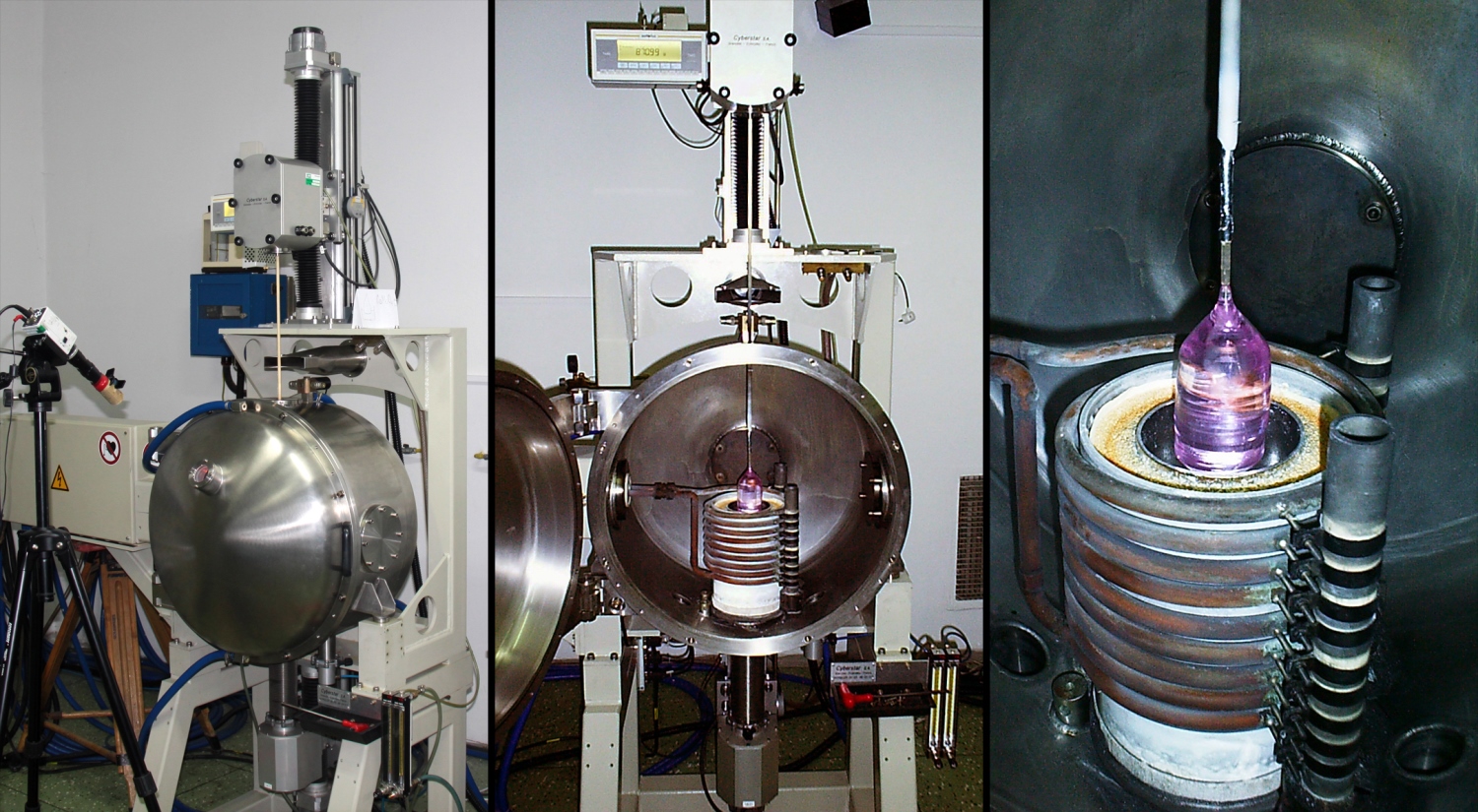 Współczesny piec do hodowania monokryształów metodą Czochralskiego, jego wnętrze i wygląd tygla z zasymulowanym wyciąganiem kryształu szafiru. Zdjęcia z laboratorium im. prof. Jana Czochralskiego w Instytucie Technologii Materiałów Elektronicznych w Warszawie. (Źródło: ITME) Współczesny piec do hodowania monokryształów metodą Czochralskiego, jego wnętrze i wygląd tygla z zasymulowanym wyciąganiem kryształu szafiru. Zdjęcia z laboratorium im. prof. Jana Czochralskiego w Instytucie Technologii Materiałów Elektronicznych w Warszawie. (Źródło: ITME)