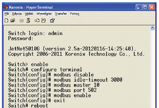 Rys. 2. Przykład prawidłowej konfuguracji protokołu Modbus TPC w switchu Astraada Net.