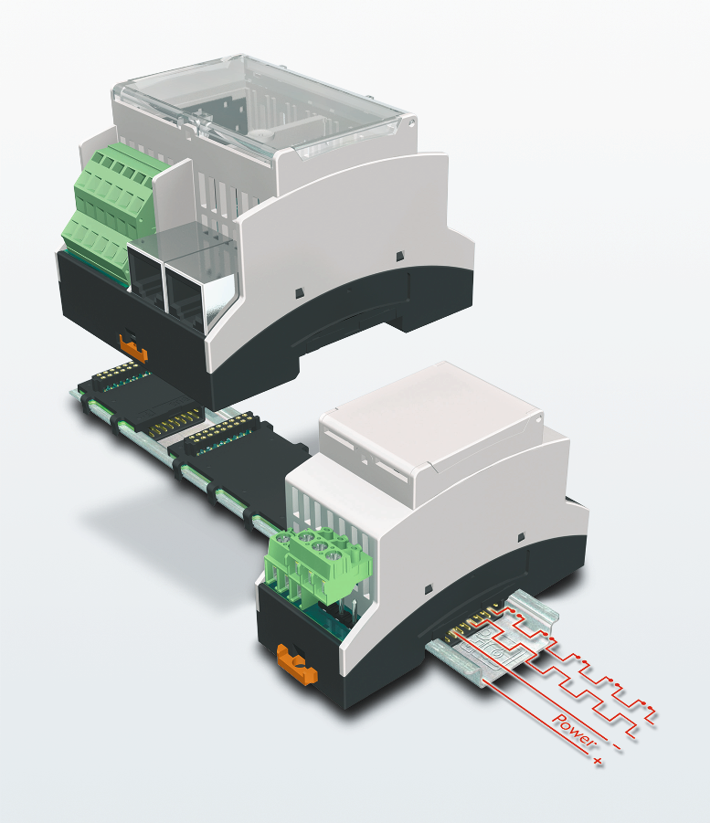 Fot. 1: Magistrala zatrzaskiwana w dnie szyny uwalnia od konieczności łączenia urządzeń w obudowach BC kablami, pozwalając na wymianę pojedynczego modułu bez unieruchamiania całego systemu. Fot. 1: Magistrala zatrzaskiwana w dnie szyny uwalnia od konieczności łączenia urządzeń w obudowach BC kablami, pozwalając na wymianę pojedynczego modułu bez unieruchamiania całego systemu.