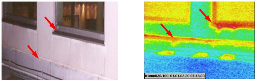 Rys. 3. Wpływ zawilgocenia ściany na powstanie mostków termicznych (kolor czerwony). (Źródło : Opracowanie KAPE – „Raport z badania termowizyjnego budynku zlokalizowanego w Warszawie Rys. 3. Wpływ zawilgocenia ściany na powstanie mostków termicznych (kolor czerwony). (Źródło : Opracowanie KAPE – „Raport z badania termowizyjnego budynku zlokalizowanego w Warszawie