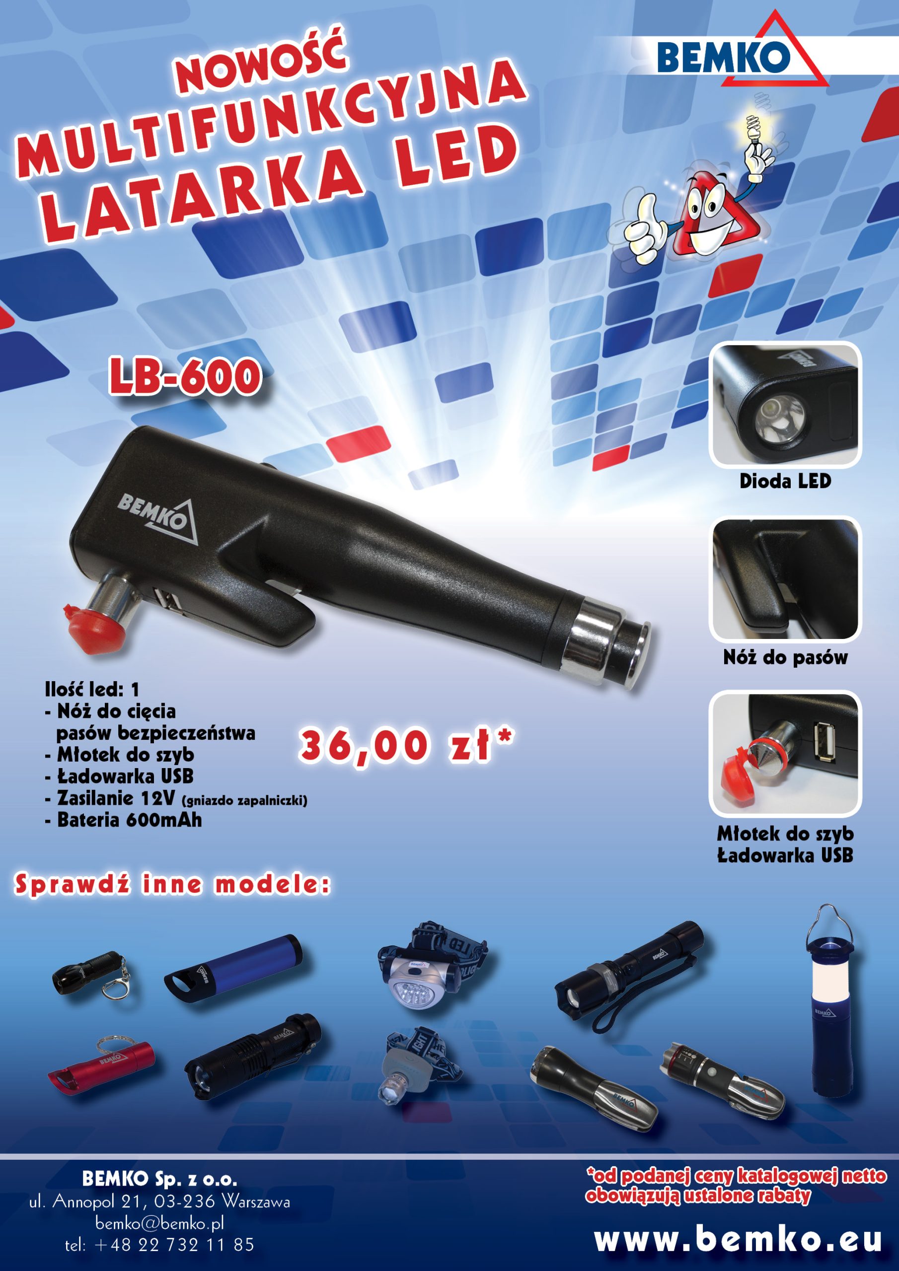 Multifunkcyjna latarka LED z funkcją ładowarki USB, noża do pasów i młotka do szyb Multifunkcyjna latarka LED z funkcją ładowarki USB, noża do pasów i młotka do szyb