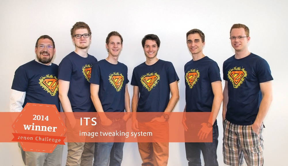 Dumni zwycięzcy zenon Challenge 2014 – zespół ITS (Image Tweaking System z Uniwersytetu Nauk Stosowanych w Salzburgu) – cieszą się z wygranych nagród, czyli czeku o łącznej wartości 1000 euro, uprawniającego do wstępu na imprezę zenon Challenge, oraz kamery Sony Action Cam.