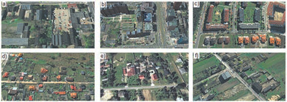 Rys. 7. Typowe przykłady usytuowania obiektów w środowisku: a) miejskim, b) miejskim z wysokimi budynkami, c) podmiejskim, jak w miejskim; d) podmiejskim, jak w wiejskim; e) wiejskim, jak w podmiejskim, f) wiejskim (Wieś Dąbrowa k. Łodzi) Rys. 7. Typowe przykłady usytuowania obiektów w środowisku: a) miejskim, b) miejskim z wysokimi budynkami, c) podmiejskim, jak w miejskim; d) podmiejskim, jak w wiejskim; e) wiejskim, jak w podmiejskim, f) wiejskim (Wieś Dąbrowa k. Łodzi)