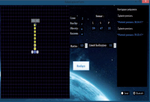 Rys. 6. Przewidywana trasa robota bez przeszkód (niebieskie pole – obecne położenie, zielone pole – cel)