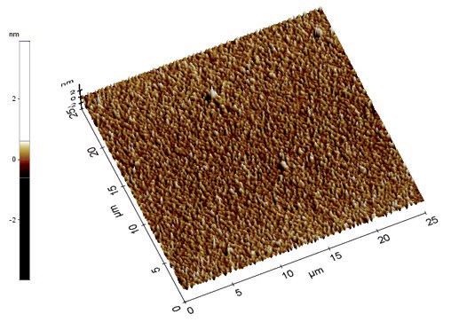 Rys. 5. Topografia powierzchni cienkiej warstwy TiO2 osadzonej z prędkością 4000 obr/min na monokrystalicznym krzemie Rys. 5. Topografia powierzchni cienkiej warstwy TiO2 osadzonej z prędkością 4000 obr/min na monokrystalicznym krzemie