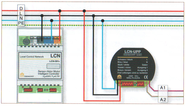 Rys. 3. Wykorzystanie dodatkowej żyły przewodu wielożyłowego do komunikacji między modułami LCN - żyła danych D [2]