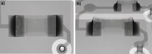 Fig. 6. X-ray images of a resistor: a) view from the top, b) view at an angle of 45°
