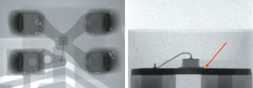 Fig. 7. X-ray images of a LED : a) view from the top, b) view at an angle of 90°