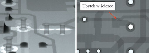 Fig. 8. X-ray images of a PCB: a) view of vias, b) view of the defect in the path