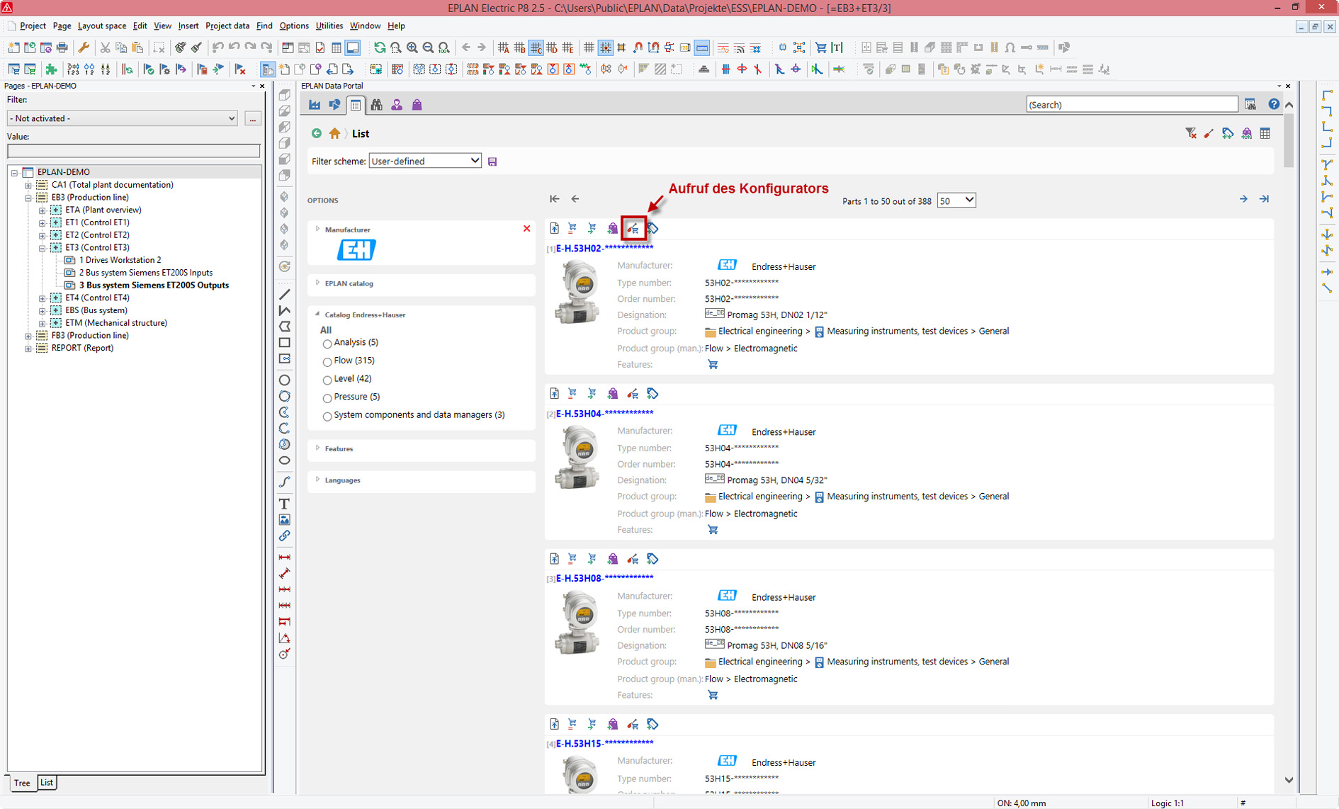 Configurator_selection_in EDP: Konfigurator Endress+Hauser zintegrowany w EPLAN Data Portal zapewnia dodatkowe 1,2 miliona zmiennych
