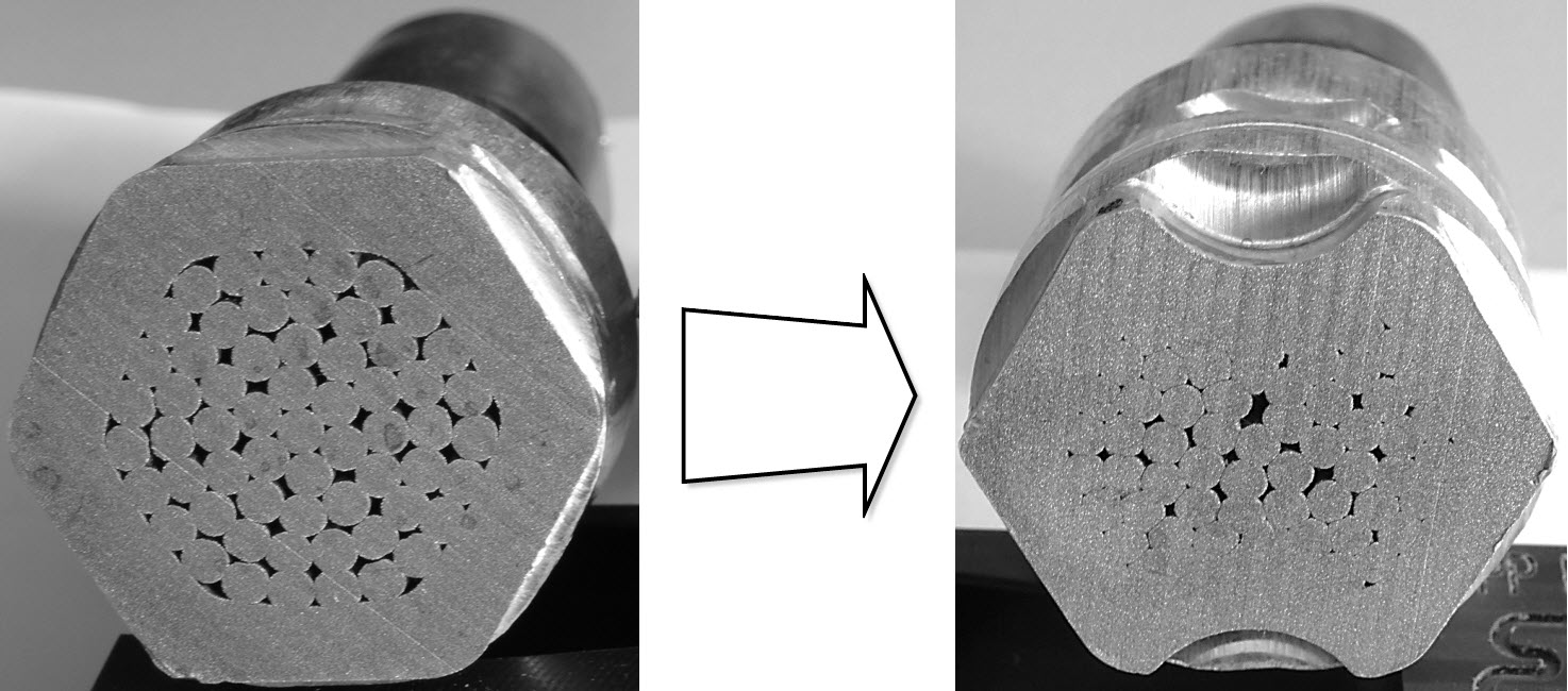Rys. 2. Końcówka do zaprasowania na żyłach RM klasy 2 zaciśnięta na żyle RMC klasy 2  za pomocą matrycy sześciokątnej DIN i matrycy dedykowanej