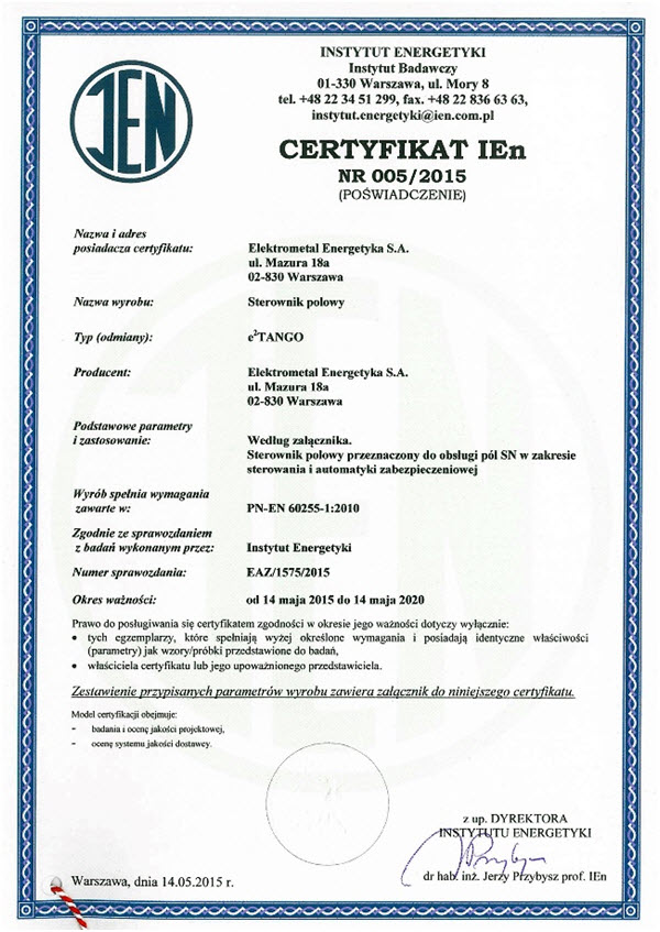 Certyfikat Instytutu Energetyki dla e2TANGO Certyfikat Instytutu Energetyki dla e2TANGO