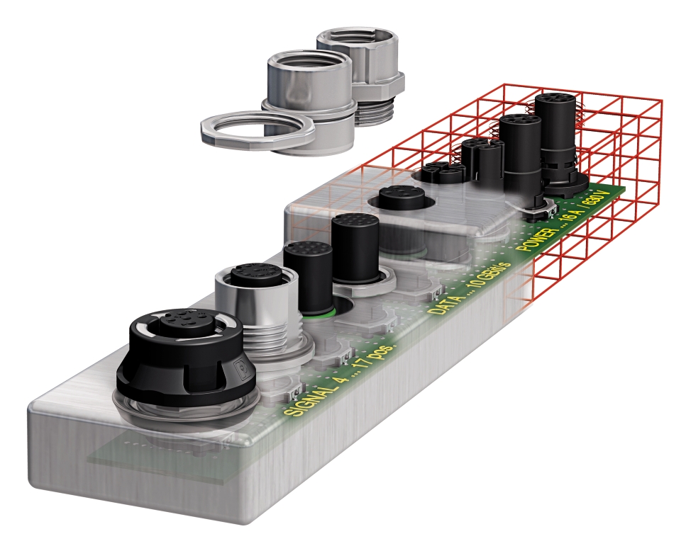Różne sposoby montażu gniazd  -od lewej: obudowa samokompensująca, obudowa montowana od wnętrza urządzenia, obudowa wciskana, obudowa montowana od zewnątrz, gniazda wykonane jako odlew korpusu urządzenia.