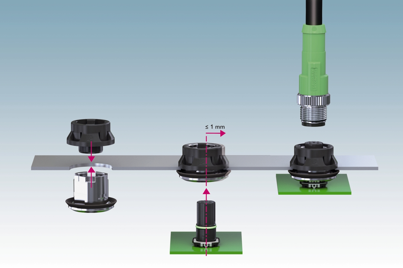Obudowa samokompensująca tolerancje montażowe pozwala na uniknięcie niebezpiecznych naprężeń w przypadku problemów z uzyskaniem liniowości montażu komponentów na PCB. Dodatkowo dostępne różnokolorowe pierścienie umożliwiają intuicyjną instalację/obsługę urządzenia.