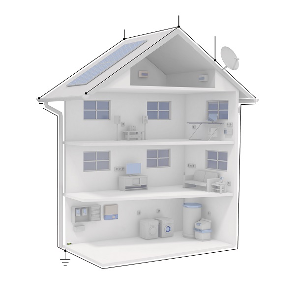 Instalacja w budynku - typową instalację fotowoltaiczną na dachu należy zintegrować z całym systemem przy użyciu zewnętrznych odgromników i ograniczników przepięć. Instalacja w budynku - typową instalację fotowoltaiczną na dachu należy zintegrować z całym systemem przy użyciu zewnętrznych odgromników i ograniczników przepięć.