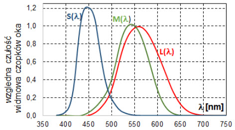 Rys. 2. Względna wartość rozkładu czułości widmowej czopków typu S, M oraz L