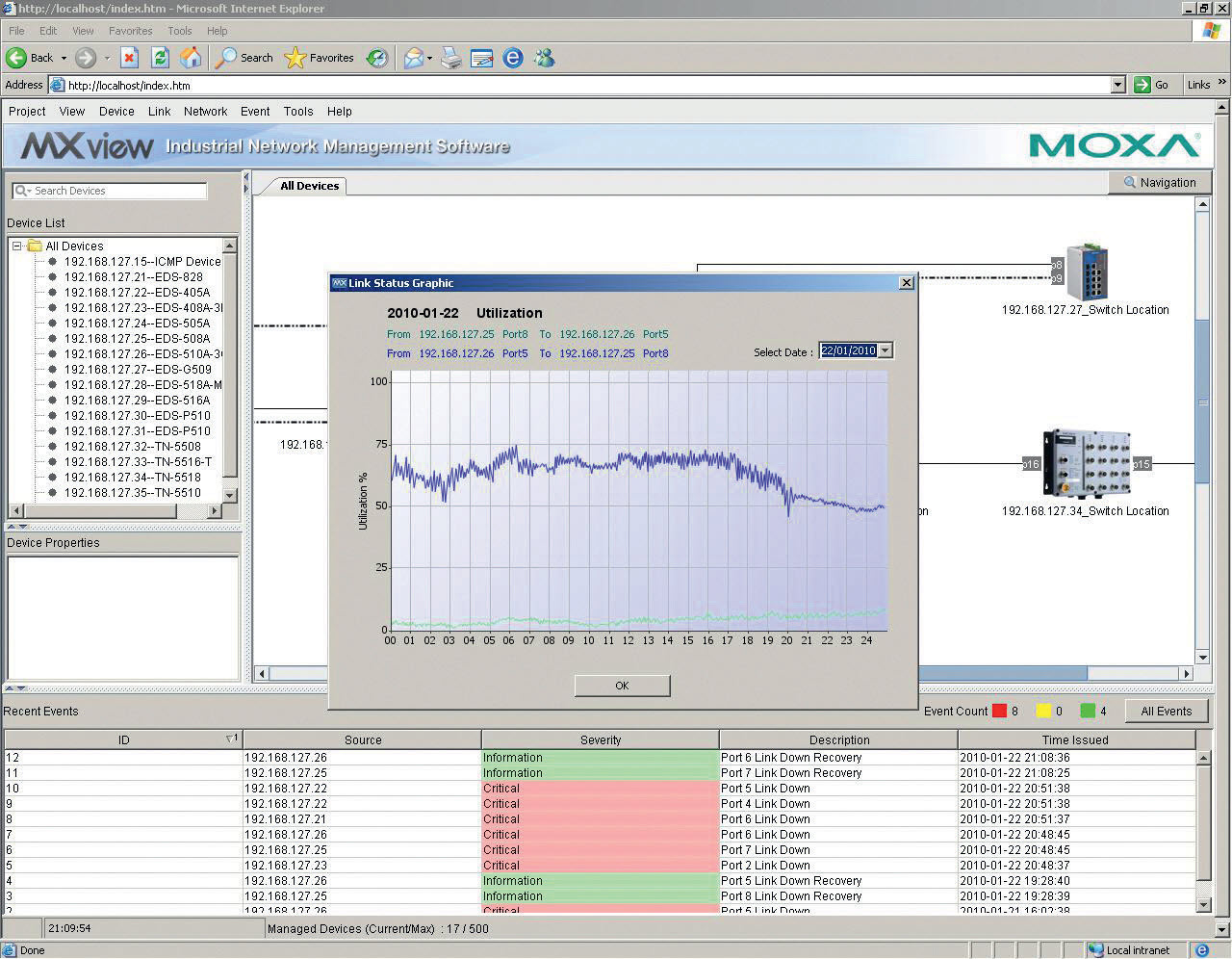 MxView – podgląd wykorzystania pasma danego portu (procent wykorzystanej przepustowości łącza) oraz podgląd komunikatów napływających od poszczególnych urządzeń (dolna część okna) MxView – podgląd wykorzystania pasma danego portu (procent wykorzystanej przepustowości łącza) oraz podgląd komunikatów napływających od poszczególnych urządzeń (dolna część okna)