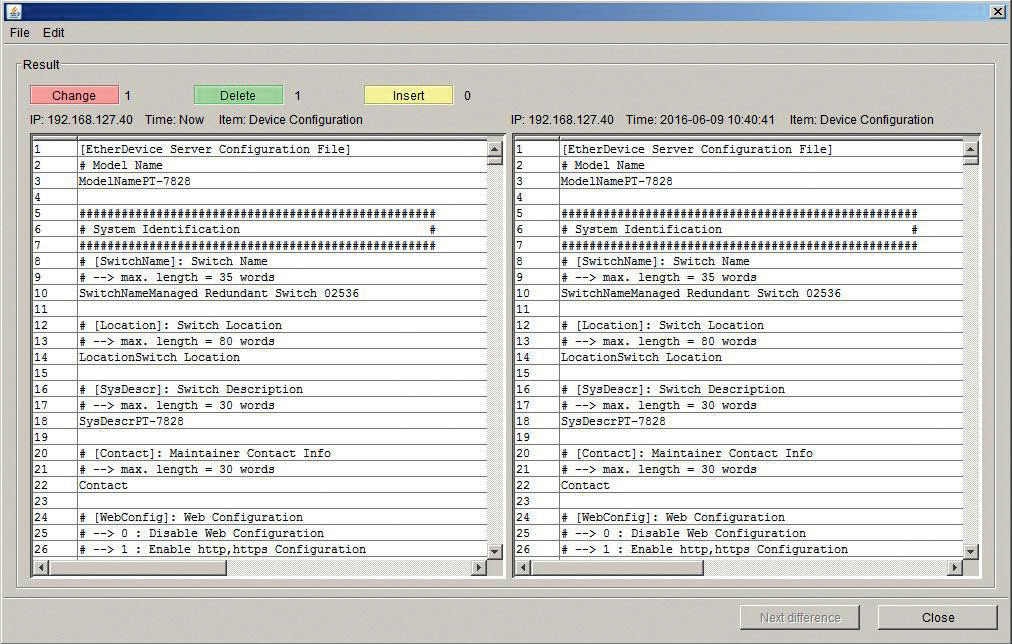 Zrzut ekranu z programu N-Snap – podgląd konfiguracji urządzenia (tu: obecnej i wykonanej dzień wcześniej) Zrzut ekranu z programu N-Snap – podgląd konfiguracji urządzenia (tu: obecnej i wykonanej dzień wcześniej)