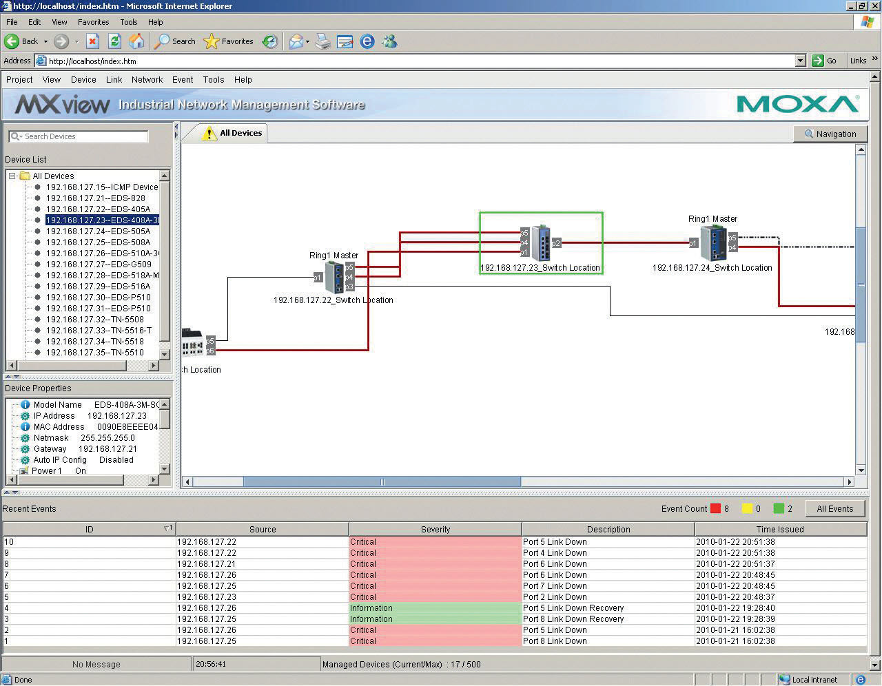Zrzut z głównego okna MxView. W oknie wizualizacji wyraźnie widać utratę komunikacji na poszczególnych łączach (połączenia takie zostały oznaczone kolorem czerwonym) Zrzut z głównego okna MxView. W oknie wizualizacji wyraźnie widać utratę komunikacji na poszczególnych łączach (połączenia takie zostały oznaczone kolorem czerwonym)
