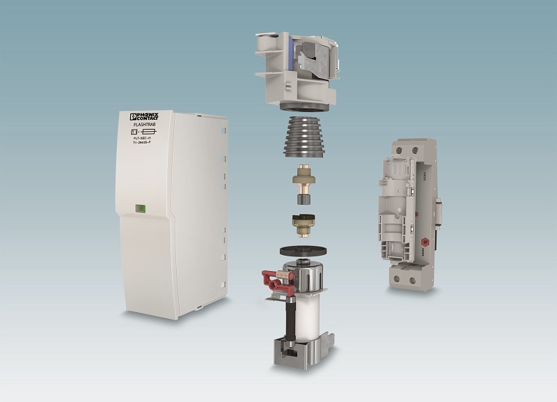 Zajmuje mało miejsca: Kombinacja bezpiecznika wytrzymałego na prąd udarowy i iskiernika pozbawionego prądu następczego sieci w ograniczniku przepięć typu 1 Flashtrab SEC Hybrid Zajmuje mało miejsca: Kombinacja bezpiecznika wytrzymałego na prąd udarowy i iskiernika pozbawionego prądu następczego sieci w ograniczniku przepięć typu 1 Flashtrab SEC Hybrid