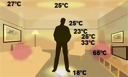 Promieniowanie cieplne z tradycyjnego systemu ogrzewania wyposażonego w kaloryfery. Wysokie wahania temperatury (18-65°C) w pomieszczeniu.