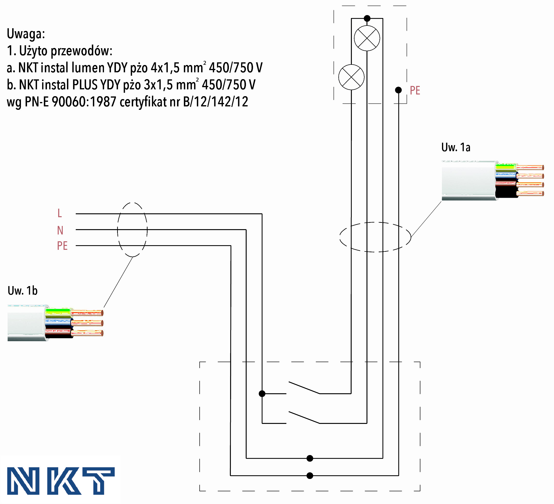 Schemat 2. Schemat połączeń instalacji elektrycznej oświetlenia podstawowego (instalacja bez puszek rozgałęźnych) Schemat 2. Schemat połączeń instalacji elektrycznej oświetlenia podstawowego (instalacja bez puszek rozgałęźnych)