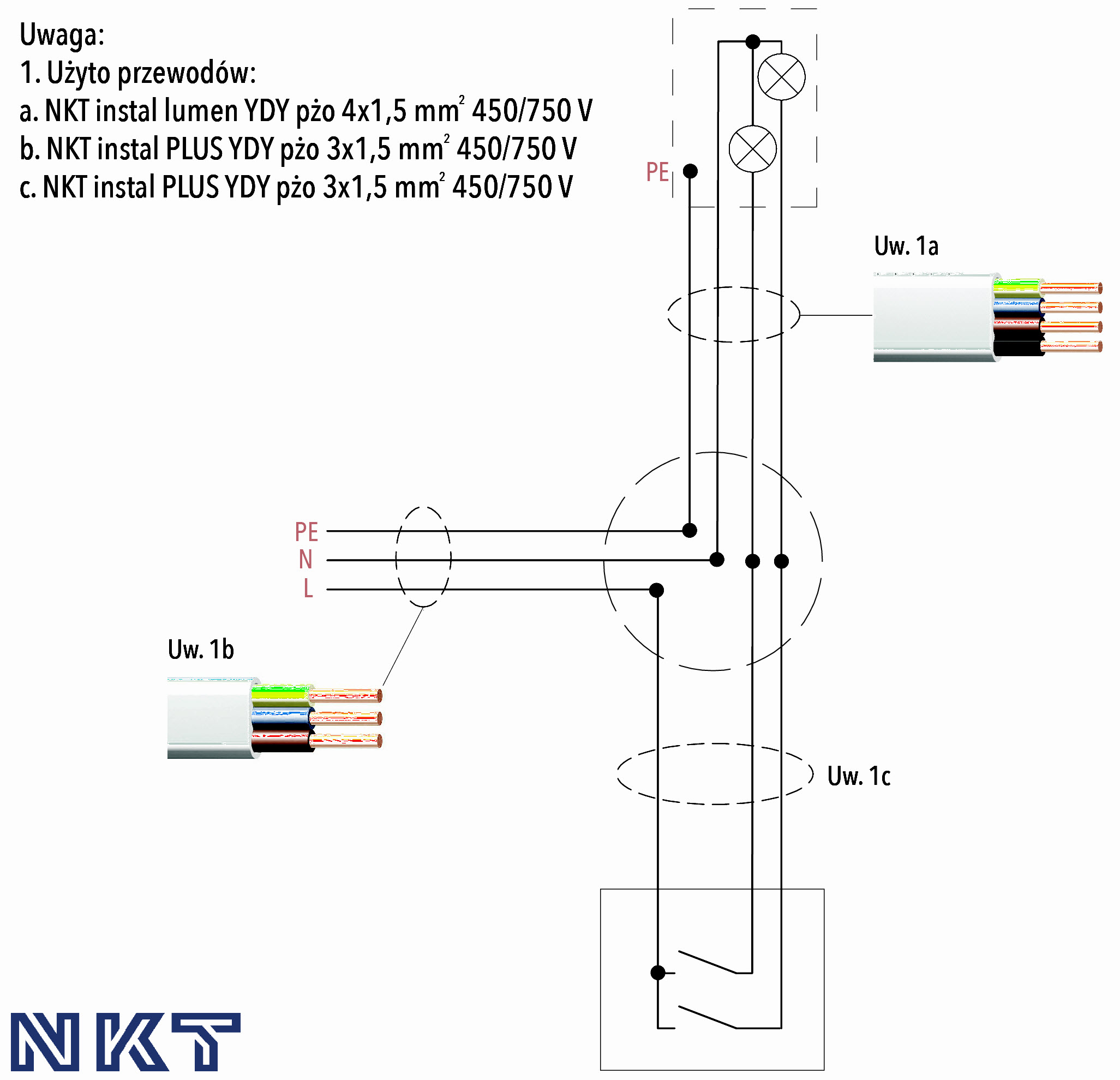 Schemat 3. Schemat połączeń instalacji elektrycznej oświetlenia podstawowego (instalacja z puszkami rozgałęźnymi) Schemat 3. Schemat połączeń instalacji elektrycznej oświetlenia podstawowego (instalacja z puszkami rozgałęźnymi)