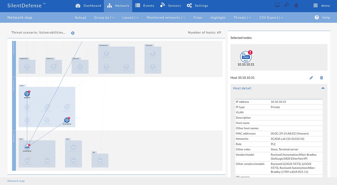 Węzły sieci i ich łącza komunikacyjne są widoczne na interaktywnej karcie sieciowej oraz zaznaczone są możliwe zagrożenia i nieprawidłowe konfiguracje Węzły sieci i ich łącza komunikacyjne są widoczne na interaktywnej karcie sieciowej oraz zaznaczone są możliwe zagrożenia i nieprawidłowe konfiguracje
