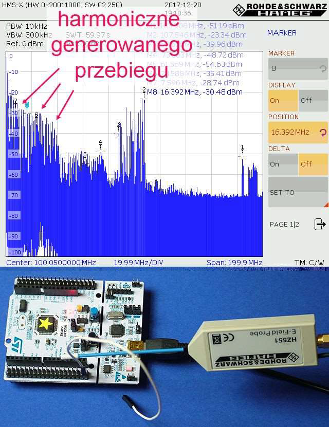 Widmo zaburzeń EMI płytki ewaluacyjnej podczas generowania przebiegu prostokątnego o częstotliwości 591,7 kHz